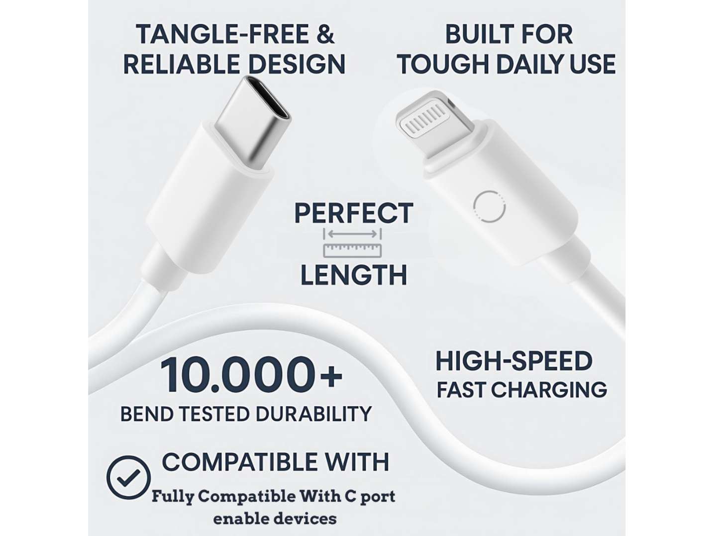 Twance TL20W Type C to Lightning Connector fast charging and data transfer Cable, 1 Meter , White Color - Image 2