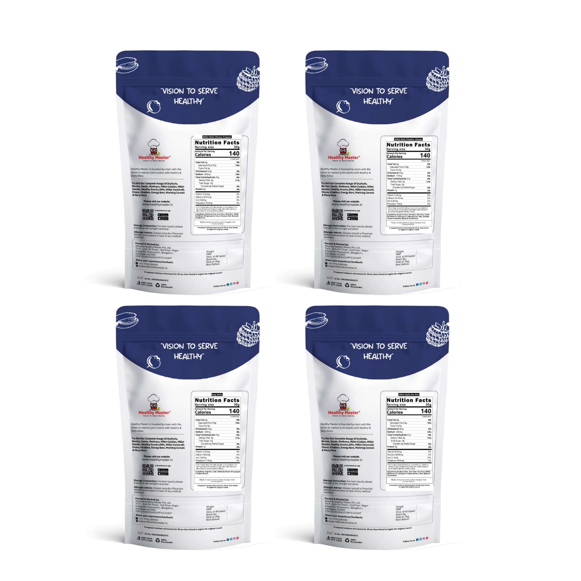 Healthy Master Millet Balls Combo 100g (25g each) (Cheddar Cheese, Cheesy Organo, Ragi, Peri Peri) - Image 2