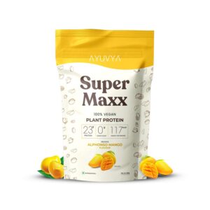 Ayuvya Super Maxx Plant Protein || Vegan - Elevate Your Fitness Journey for Muscle Growth, Recovery, and Overall Well-Being | Mango Flavoured, 250gm